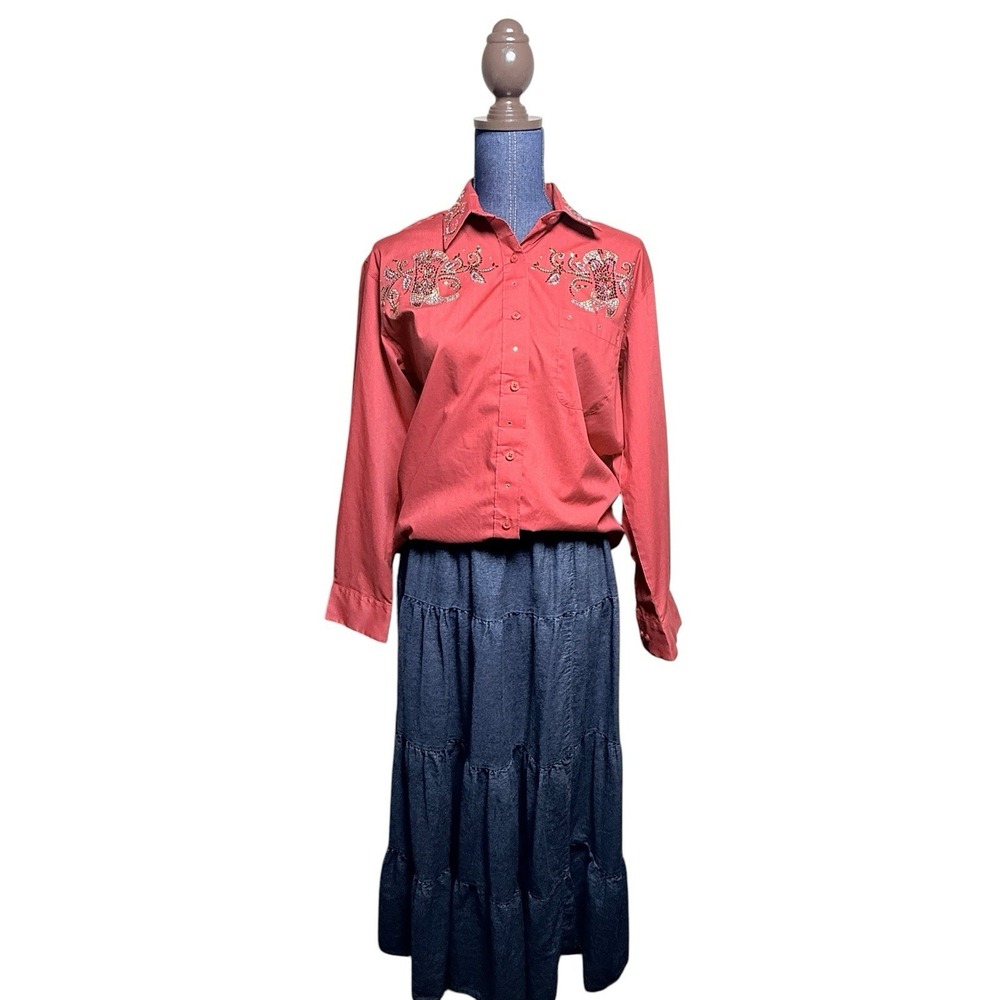 Kayo of California Tiered Denim Maxi Skirt Boho Prairie Made USA Cotton